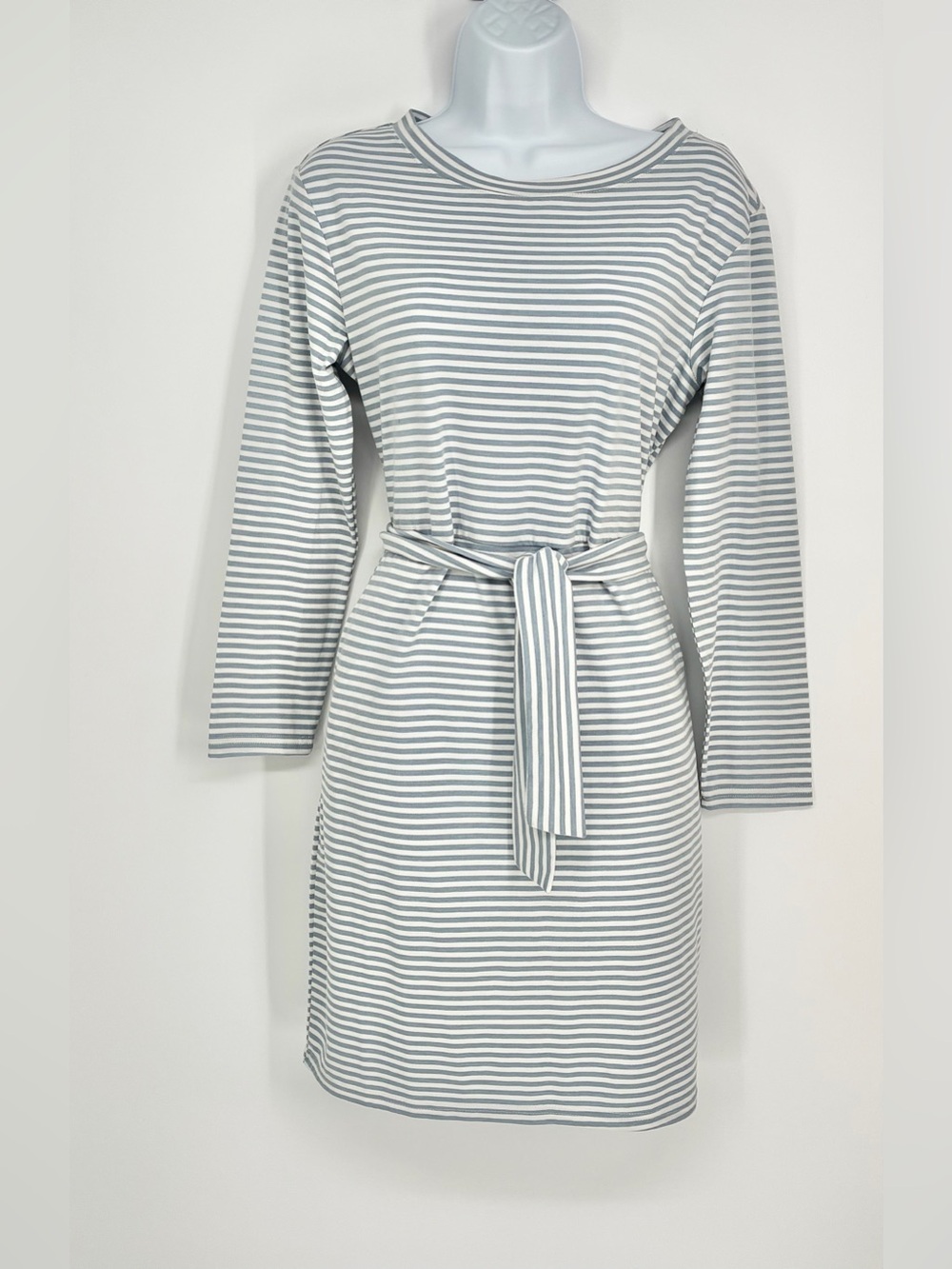 MEROKEETY Light Blue Striped Long Sleeve Tie Waist T-Shirt Dress NWT S